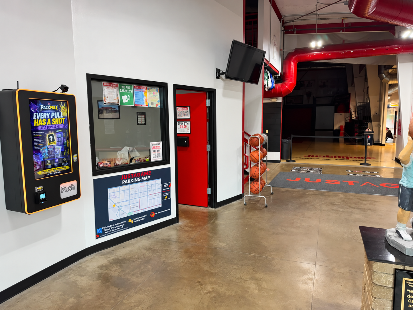 PackPull Pokémon card vending machine inside Justagame Fieldhouse in Wisconsin Dells, Wisconsin